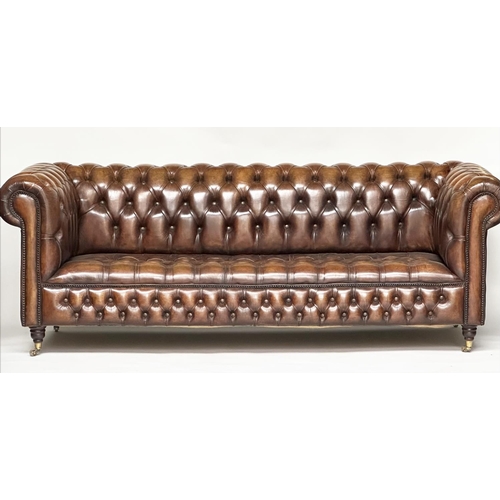 CHESTERFIELD SOFA, traditional hand finished natural soft tan leather deep button upholstery with rounded back and arms and brass studding, 235cm W.