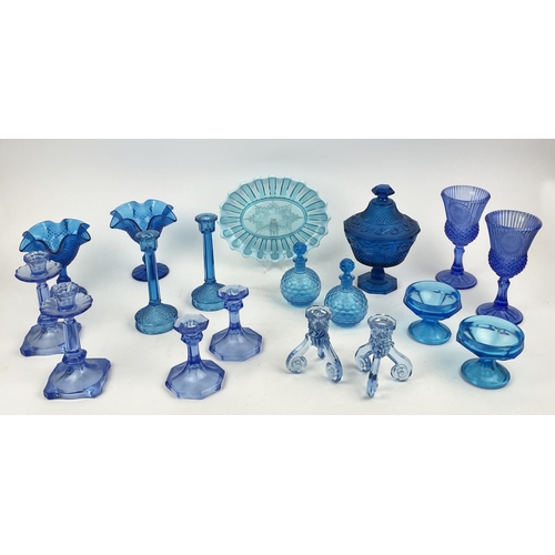 10 - QUANTITY OF BLUE URANIUM GLASS, comprising four pairs of candlesticks, two pairs of icecream bowls, ... 