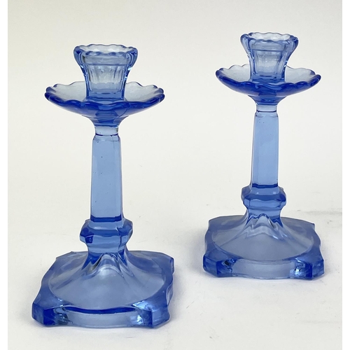 10 - QUANTITY OF BLUE URANIUM GLASS, comprising four pairs of candlesticks, two pairs of icecream bowls, ... 