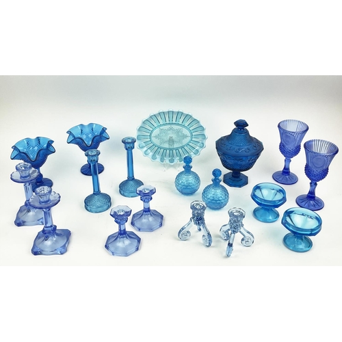 10 - QUANTITY OF BLUE URANIUM GLASS, comprising four pairs of candlesticks, two pairs of icecream bowls, ... 