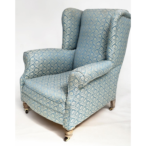 106 - WING ARMCHAIR, Victorian geometric woven blue and white upholstered with scroll arms and turned supp... 