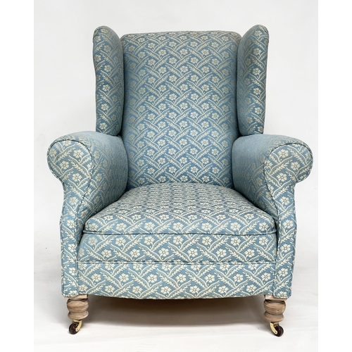 106 - WING ARMCHAIR, Victorian geometric woven blue and white upholstered with scroll arms and turned supp... 