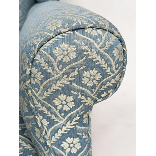 106 - WING ARMCHAIR, Victorian geometric woven blue and white upholstered with scroll arms and turned supp... 