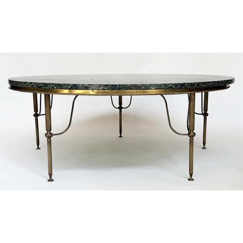 112 - LOW TABLE, 1950s circular, marble raised upon gilt metal beaded and reeded supports, 108cm W x 41cm ... 