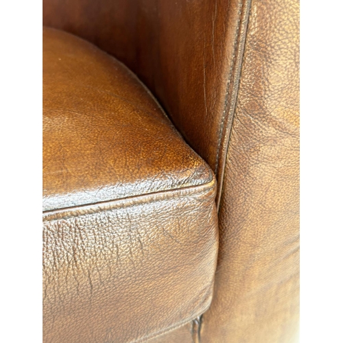 114 - TUB ARMCHAIRS, a pair, natural soft mid brown leather upholstered with rounded backs, 78cm W. (2)