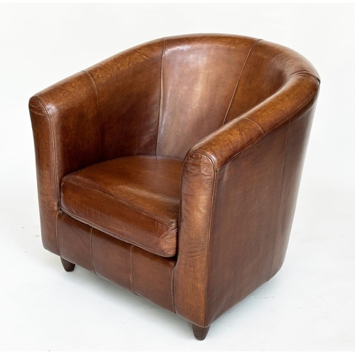 114 - TUB ARMCHAIRS, a pair, natural soft mid brown leather upholstered with rounded backs, 78cm W. (2)