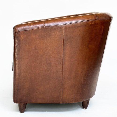 114 - TUB ARMCHAIRS, a pair, natural soft mid brown leather upholstered with rounded backs, 78cm W. (2)