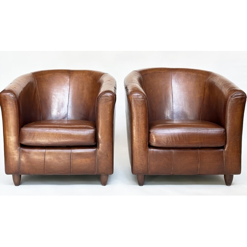 114 - TUB ARMCHAIRS, a pair, natural soft mid brown leather upholstered with rounded backs, 78cm W. (2)