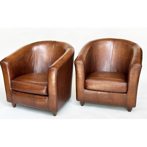 114 - TUB ARMCHAIRS, a pair, natural soft mid brown leather upholstered with rounded backs, 78cm W. (2)