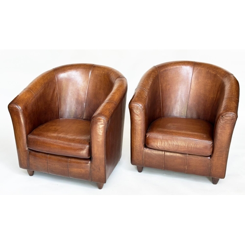 114 - TUB ARMCHAIRS, a pair, natural soft mid brown leather upholstered with rounded backs, 78cm W. (2)