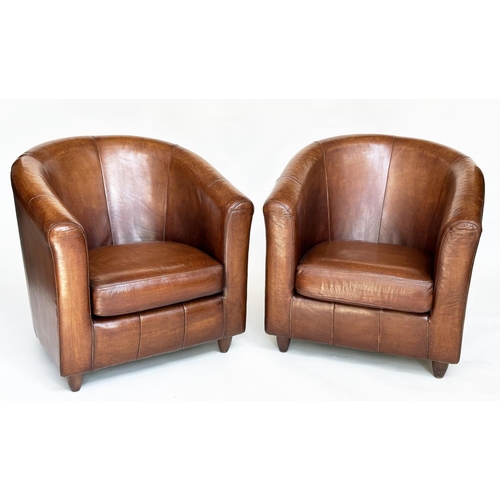 114 - TUB ARMCHAIRS, a pair, natural soft mid brown leather upholstered with rounded backs, 78cm W. (2)