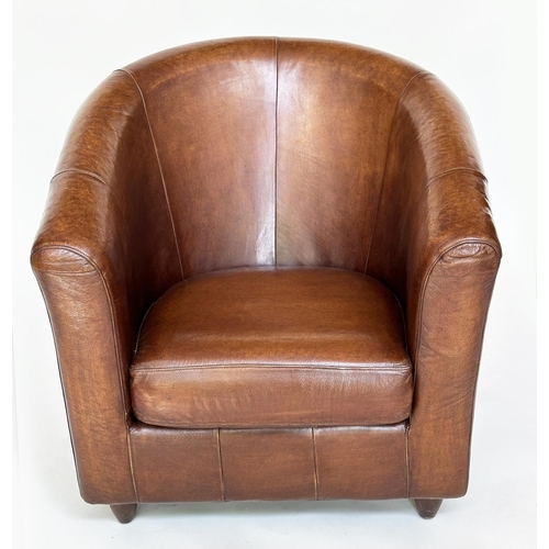 114 - TUB ARMCHAIRS, a pair, natural soft mid brown leather upholstered with rounded backs, 78cm W. (2)