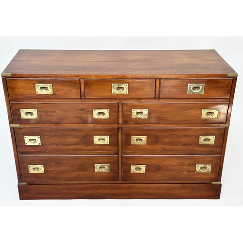 115 - CAMPAIGN STYLE CHEST, yewwood and brass bound with one long drawer above two short drawers, (all dra... 