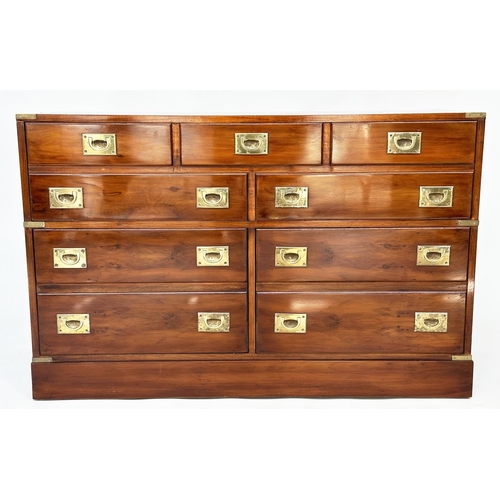 115 - CAMPAIGN STYLE CHEST, yewwood and brass bound with one long drawer above two short drawers, (all dra... 