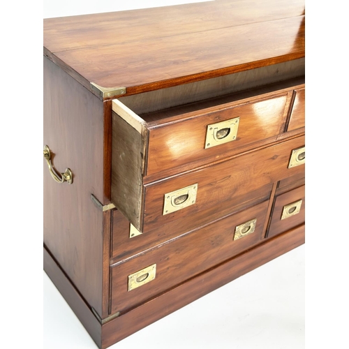 115 - CAMPAIGN STYLE CHEST, yewwood and brass bound with one long drawer above two short drawers, (all dra... 