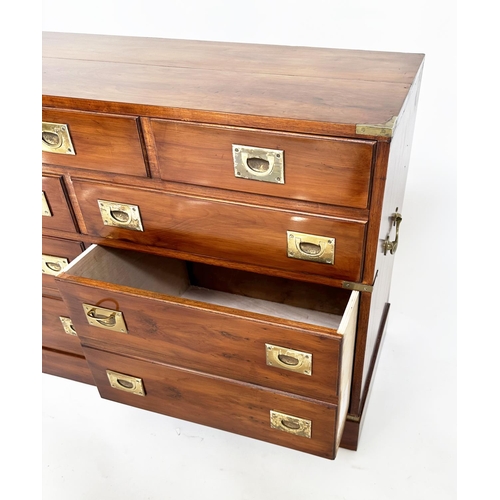 115 - CAMPAIGN STYLE CHEST, yewwood and brass bound with one long drawer above two short drawers, (all dra... 