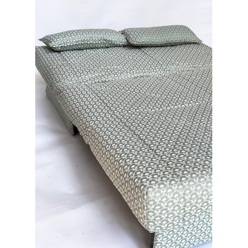 125 - SOFA BED, geometric print upholstered with cushion, transferring to bed, 142cm W (180cm extended).