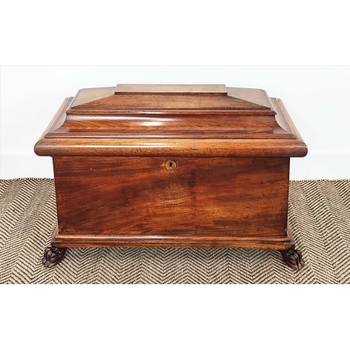 152 - WINE COOLER, Regency mahogany of sarcophagus form with green baize lining, brass handles and inset c... 