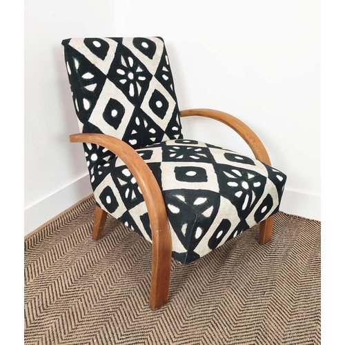 153 - HALBALA ARMCHAIR, mid 20th century bentwood in black and white geometric material, 77cm H x 60cm W x... 