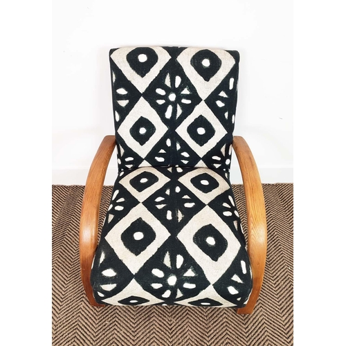 153 - HALBALA ARMCHAIR, mid 20th century bentwood in black and white geometric material, 77cm H x 60cm W x... 