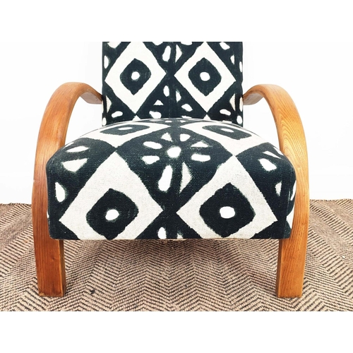 153 - HALBALA ARMCHAIR, mid 20th century bentwood in black and white geometric material, 77cm H x 60cm W x... 