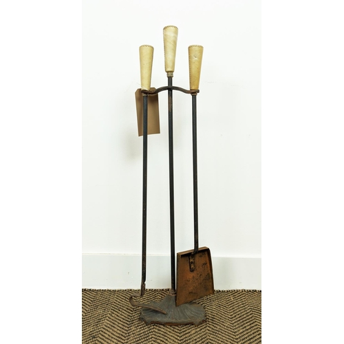 159 - FIRESIDE COMPANION SET, iron with velum trim handles comprising stand with a poker and shovel, 82cm ... 