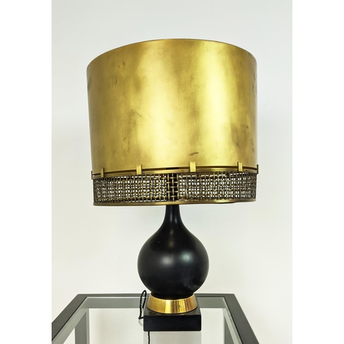 160 - TABLE LAMP, matt black with a brass shade, 51cm x 99cm H.