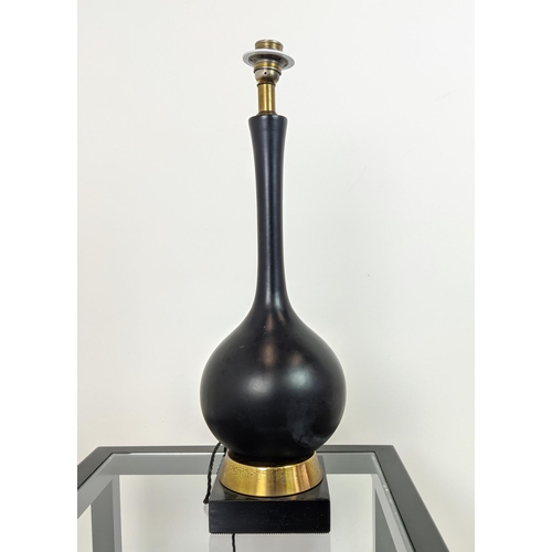 160 - TABLE LAMP, matt black with a brass shade, 51cm x 99cm H.