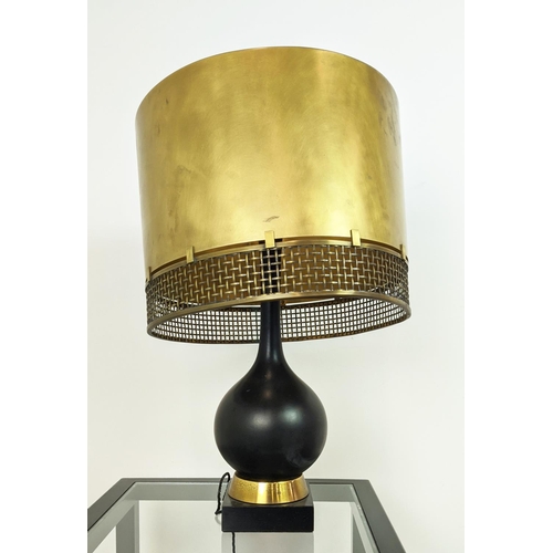 160 - TABLE LAMP, matt black with a brass shade, 51cm x 99cm H.