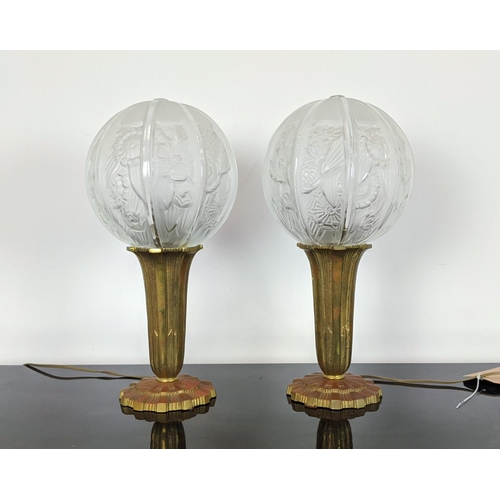 162 - TABLE LAMPS, a pair, Art Deco, with frosted glass orbs and gilt metal bases, each 40cm H. (2)