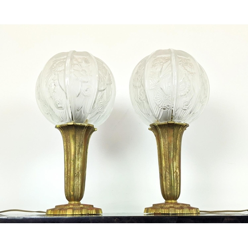 162 - TABLE LAMPS, a pair, Art Deco, with frosted glass orbs and gilt metal bases, each 40cm H. (2)