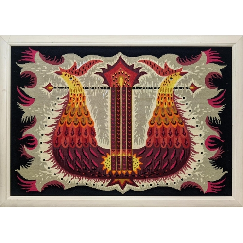 168 - NEEDLEPOINT ARTWORK FRAMED, mid 20th century depicting cockerels, 78cm x 113cm H.