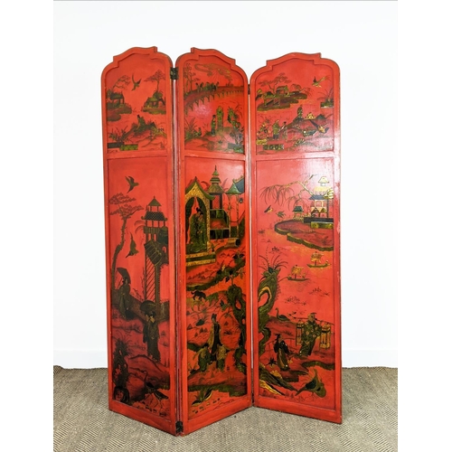 177 - CHINOISERIE SCREEN, early 20th century red lacquer, three fold, each panel 178cm x 46cm W, with gilt... 