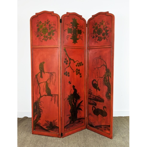 177 - CHINOISERIE SCREEN, early 20th century red lacquer, three fold, each panel 178cm x 46cm W, with gilt... 