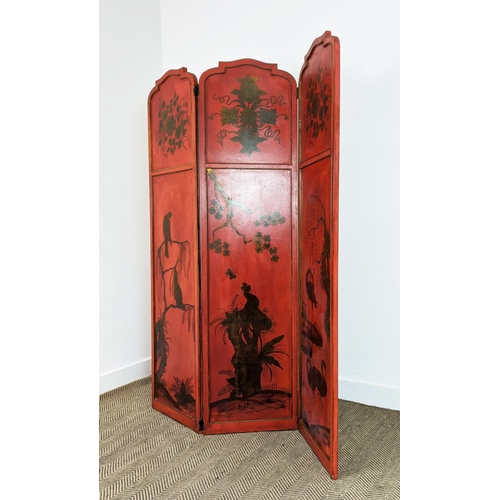 177 - CHINOISERIE SCREEN, early 20th century red lacquer, three fold, each panel 178cm x 46cm W, with gilt... 