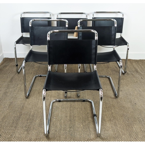 179 - DINING CHAIRS, a set of six, Bauhaus design, tubular chrome with leather seats, each 48cm W x 84cm H... 