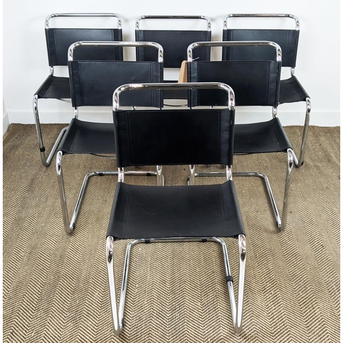 179 - DINING CHAIRS, a set of six, Bauhaus design, tubular chrome with leather seats, each 48cm W x 84cm H... 