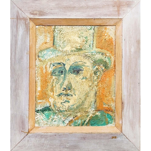 18 - CONTEMPORARY SCHOOL PORTRAIT, oil on board, of a man in a hat, in a pine frame, 50cm x 40cm.