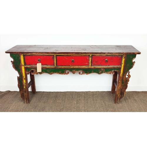 184 - SIDE TABLE, Chinese, red, green and yellow lacquer, fitted with three drawers, 89cm H x 192cm W x 44... 