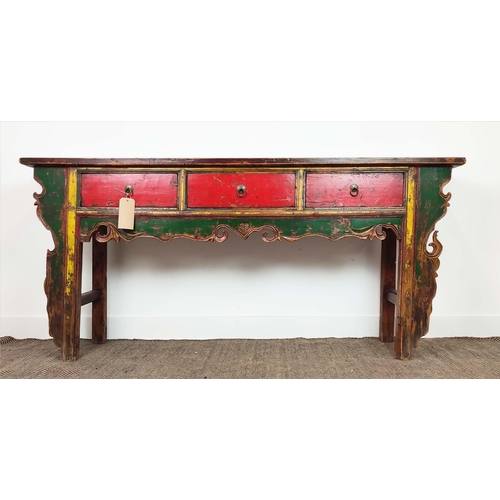 184 - SIDE TABLE, Chinese, red, green and yellow lacquer, fitted with three drawers, 89cm H x 192cm W x 44... 