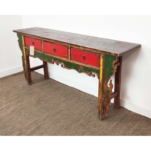 184 - SIDE TABLE, Chinese, red, green and yellow lacquer, fitted with three drawers, 89cm H x 192cm W x 44... 