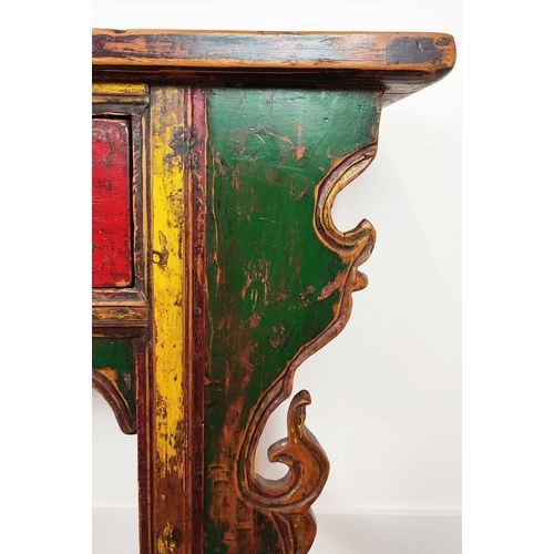 184 - SIDE TABLE, Chinese, red, green and yellow lacquer, fitted with three drawers, 89cm H x 192cm W x 44... 