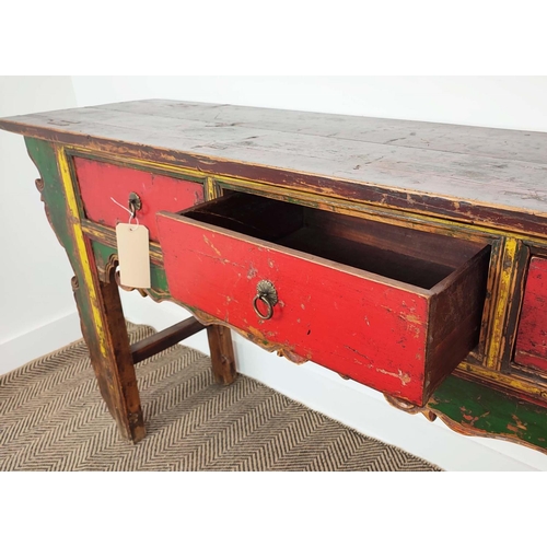 184 - SIDE TABLE, Chinese, red, green and yellow lacquer, fitted with three drawers, 89cm H x 192cm W x 44... 