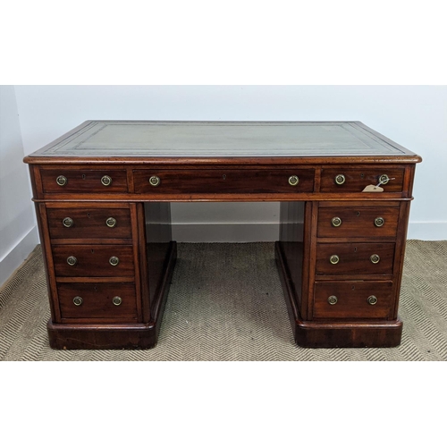 187 - PEDESTAL DESK, Victorian mahogany with a tooled inlaid green leather top over nine drawers, 140cm W ... 