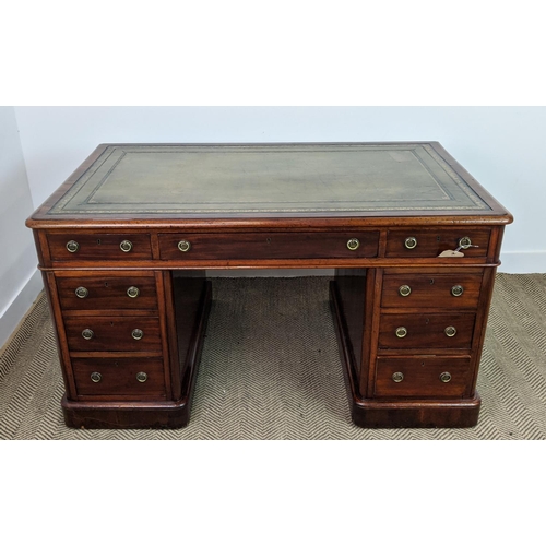 187 - PEDESTAL DESK, Victorian mahogany with a tooled inlaid green leather top over nine drawers, 140cm W ... 