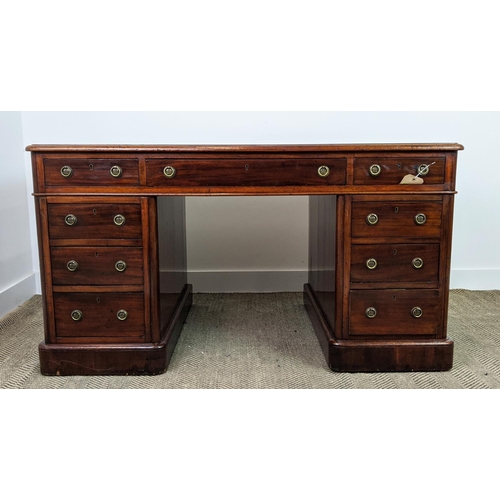 187 - PEDESTAL DESK, Victorian mahogany with a tooled inlaid green leather top over nine drawers, 140cm W ... 