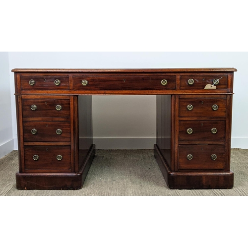 187 - PEDESTAL DESK, Victorian mahogany with a tooled inlaid green leather top over nine drawers, 140cm W ... 