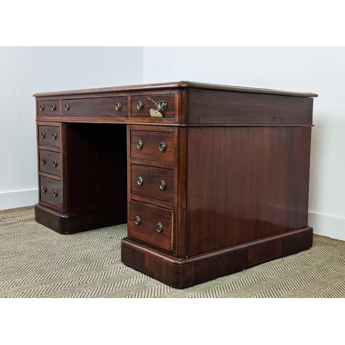 187 - PEDESTAL DESK, Victorian mahogany with a tooled inlaid green leather top over nine drawers, 140cm W ... 