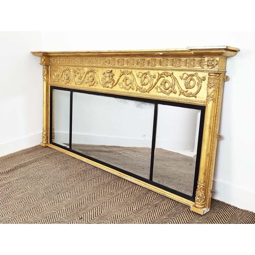 190 - OVERMANTEL, Regency design giltwood and gesso with scrolling foliate frieze and triple plates, 87cm ... 