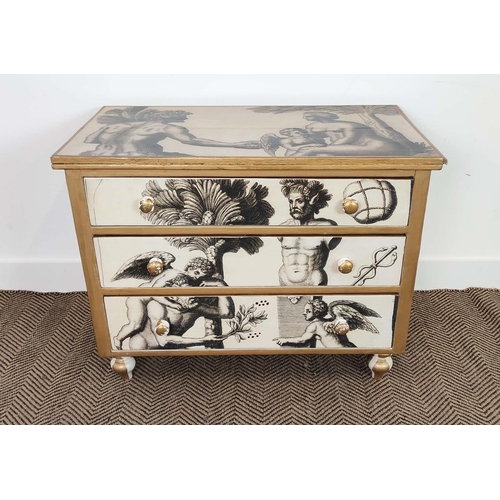 193 - CHEST, painted and Renaissance print decorated of three drawers, 64cm H x 84cm W x 44cm D.